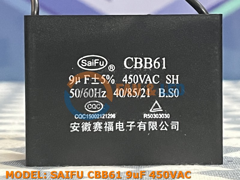 Tụ điện SaiFu CBB61 9uF, 450VAC Dây cắm