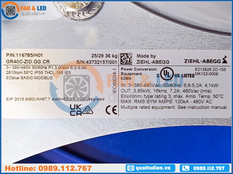 Quạt ZIEHL-ABEGG GR40C-ZID.GG-CR, 3 Pha, 380~480VAC, 400mm