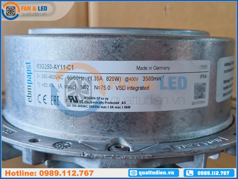 Quạt EBMPAPST R3G250-AY11-C1, 3 Pha, 380~480VAC, 1100Pa, 3095m³/h